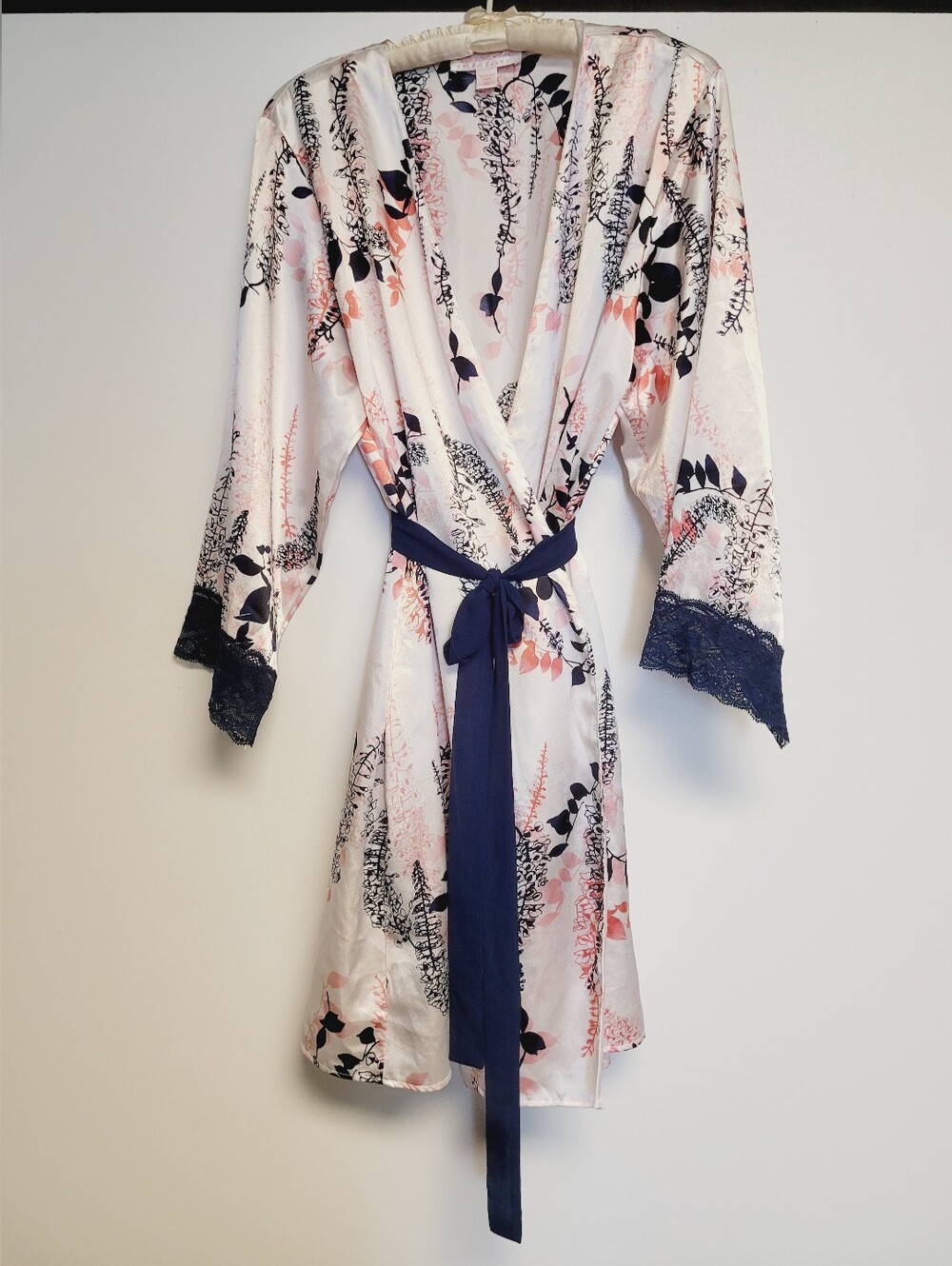 Oscar de la Renta Pink Label Floral Satin Kimono Robe Navy Intimate Sleepwear XL - Picture 3 of 10